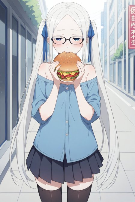 score_9, score_8_up, score_7_up, source_anime, 1girl, prefect lighting, very aesthetic, intricate details, highly detailed background, masterpiece, high quality, prefect hands, best quality, solo,
<lora:Pandora_ReZero_V1:.75>, KJOpandora, white hair, blue eyes, parted bangs, Long eyelashes, very long hair, hair ribbon, half-closed eyes, pale skin, 
off shoulder, blue shirt, black pleated skirt, black thighhighs, glasses, high twintails, 
standing, looking at viewer, holding burger, breasts, eating, biting burger, embarrassed, blush, 
street, daytime, buildings, sidewalk, 
(Beautiful, small Breasts:1.2), natural breasts,