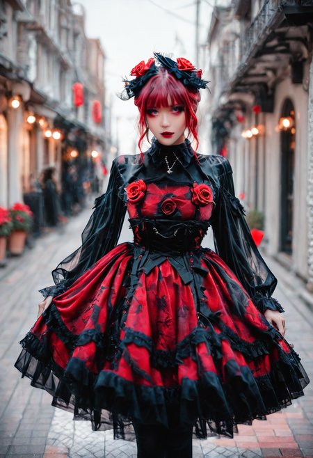 <lora:Illustrious_Realistic_Fashion_Collection_-_Gothic_Lita:1> girl wearing a gothic fashion dress, on the street, black and red dress with roses, subsurface scathering, depth of field, skin pores, detailed skin, masterpiece, best quality, newest, absurdres, highres, feeling, impact, very awa, dim lighting, sidelighting, skindentation, amazing quality, scenery, very aesthetic, newest, volumetric lighting, blending, <lora:add-detail-xl:1> <lora:cfg_scale_boost:1> <lora:sdxl_enhance:1> <lora:spo_sdxl_10ep_4k-data_lora_webui:1>