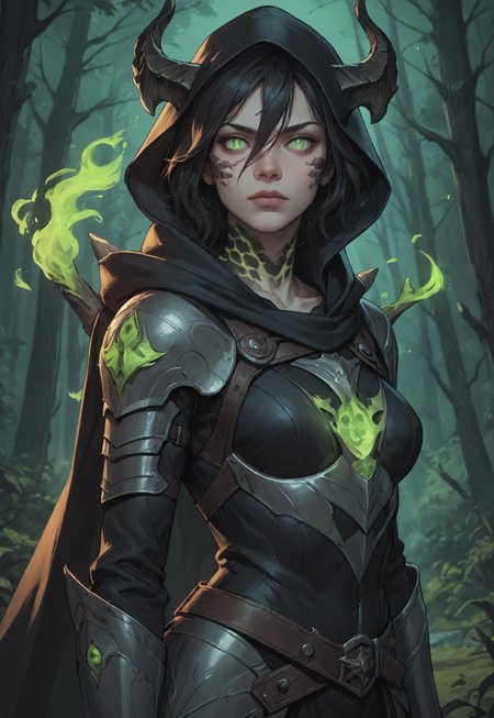 safe_pos, ((zPDXL3)), score_9, score_8_up, score_7_up, score_6_up, score_5_up, score_4_up,
1girl, solo, Adult Woman, Slender Build, pale skin, short hair, wild hair, hair between eyes, looking at viewer, pale green eyes, slit pupils, black pupils, plain expression, medium breast, black hair, (extremely detailed face and eyes), closed mouth, collarbone, outdoors, tree, night, nature, leather armor, forest, in tree, hood, fur cloak, horns, neck scales, sholder scales, casting spell, green energy, green ball, glowing green fire, black scales, black dragon, dragon girl,