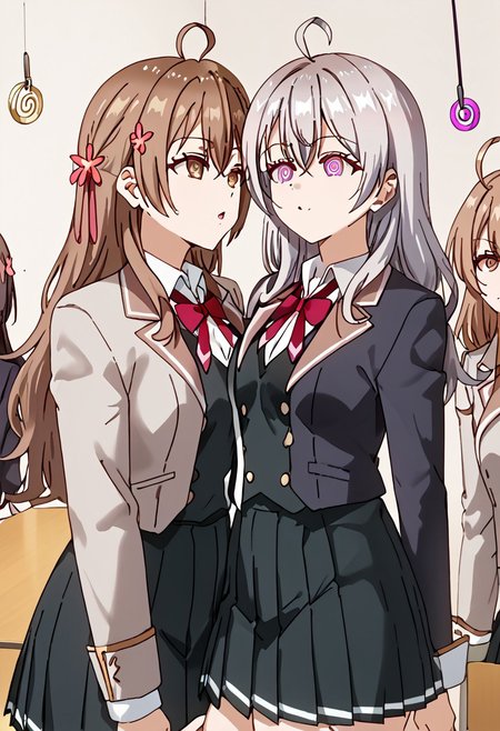 Alya and Yuki and Maria hypnotized,
score_9, anime, 3girls, lewd, smooth, 
mind control, hypnosis, spiral eyes, pendulum, looking at pendulum,
3girls,
Alya (character), ahoge, bangs, grey hair, hair between eyes, blue eyes, red ribbon in hair,
Yuki (character), long hair, brown hair, purple eyes, blazer, pleated skirt, long sleeves,
Maria (character), brown hair, long hair, brown eyes, hair flower ornament, ahoge