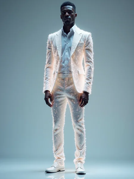 A full-body shot of a male model standing upright, featuring a sharply tailored jacket and trousers seemingly woven from pure light and crystal. The material is rendered with astonishing hyperreal detail, composed of countless tiny, intricate crystal facets that display a dynamic futurism hyperreal iridescent effect, shimmering in bright, positive colors. Integrated within the crystal structure are fine threads of light that are subtly glowing, casting faint reflections on the model's polished shoes. This piece of digital art is captured with cinematic clarity against a clean, bright backdrop, emphasizing the surreal, glowing, reflective texture of the crystalized fashion.
<lora:ral-iridescent-hyperreal-futurism-flux_000003000:1>