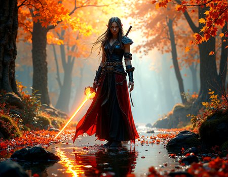 photorealistic image of a female dark elf warrior standing in an enchanted sanctuary, surrounded by glowing autumn leaves, her katana emitting a bright, mystical light, water at her feet reflecting the vibrant colors, detailed textures on her clothing and the environment, ethereal beams of light creating a magical atmosphere, next-gen graphics, high-definition, complex composition, cinematic




cinematic scene, cinematic lighting, intricate detail skin and facial texture, lifelike expression, accurate character design, dynamic pose, interesting and complex background details, complex dynamic pose, 







 














