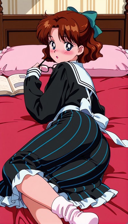 masterpiece,best quality,amazing quality,1990s \(style\),OsakaNaru ill,1girl,solo,blue eyes,short hair,brown hair,hair bow,looking at viewer,ribbon,dress,book,glasses,long sleeves,black dress,eyewear removed,blush,holding,socks,looking back,black-framed eyewear,:o,lying,open mouth,ass,sleeves past wrists,skirt,bow,striped,vertical stripes,bedroom,<lora:OsakaNaru ill:0.8>,