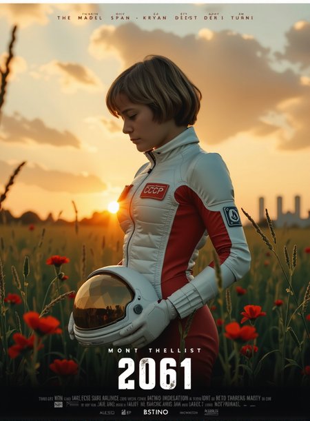 <lora:alisa-selezneva1:0.75>   ALSEL  A movie poster with a dramatic, cinematic style. dutch shot The image is dominated by a young woman with short hair wearing futuristic super detailed quilted white and red loose fit heavy spacesuit, with bulky gauntlets  and shoulder pads, angular design breastplate, with red "CCCP" and USSR flag patches. standing in a field of tall grass and red wildflowers. She's facing right, her head slightly bowed as she looks down at the big super detailed angular design  empty space helmet with golden  faceted crystal like visor she's holding in her hands. The setting sun casts a warm, golden light over the scene, creating a halo effect around the astronaut's hair. The sky is a mix of warm oranges and yellows near the horizon, fading into cooler blues and grays higher up, with some epic clouds  spiraling across it. there are come futuristic glass towers at the horizon. The overall feeling is one of quiet contemplation and awe.
The title of the movie, "2061" is written in  bold sans serif glass font across the bottom third of the poster, partially obscured by the grass.  The overall composition is simple but effective, using light, color, and girls posture to evoke a sense of wonder and longing.   <lora:EpicMoviePoster:0.65>
