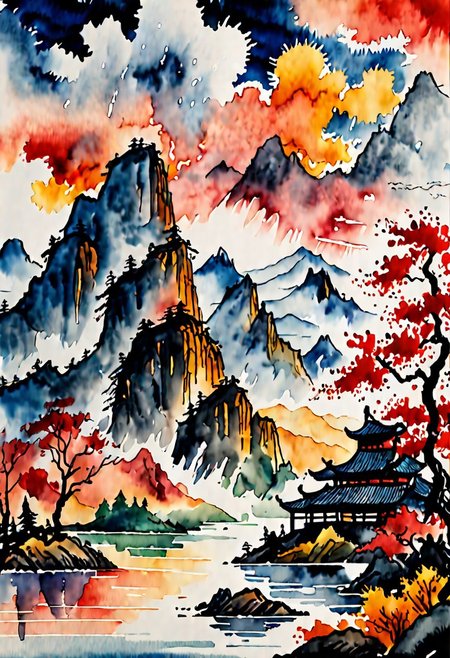 score_9, score_8_up, score_8_up, ((Cinematic composition)),((masterpiece)), (resplendent lighting), absurdres, very fine detail, 8k. Deep rich colours. Chinese watercolours and ink. 
a traditional Chinese landscape with mountains, a lake, stormy skies, pine trees and alien spaceships landing, invasion forces, sunset through the clouds, modern art. 
<lora:sdxl_lightning_8step_lora.safetensors:1.0>, <lora:add detail xl.safetensors:1.5>