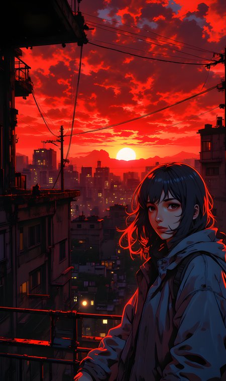 A hauntingly beautiful tableau of urban decay and fiery splendor, set against the backdrop of a city at dusk. The sky above is ablaze with vibrant hues of crimson and orange, as though the sun has dipped below the horizon, leaving behind a canvas of molten colors that stretch across the heavens. Below, the cityscape unfolds in shadowy silhouettes of buildings and structures, their outlines punctuated by flickering lights that hint at life within.
In the foreground stands a young woman, her presence both striking and enigmatic. Her hair is dark and flowing, cascading down her shoulders in loose waves that seem to catch the light like strands of flame. She wears a heavy jacket, its dark fabric blending seamlessly with the muted tones of the environment, yet it hints at resilience and readiness. Her expression is calm but intense, her gaze directed slightly off-camera as though she is lost in thought or focused on something unseen.
The setting is gritty and industrial, with power lines crisscrossing the sky and adding a sense of complexity to the composition. A dilapidated balcony railing runs along one side of the frame, suggesting an elevated vantage point from which the woman observes the world below. In the distance, a silhouette of a cat can be seen perched on the railing, its form small but significant, adding a touch of quiet life to the otherwise still scene.
The interplay of light and shadow is masterful, with the warm glow of the sunset casting long shadows and highlighting the textures of the buildings and the womanâs attire. The overall mood is one of solitude and contemplation, as though she is standing at the edge of a world caught between beauty and decay. The fiery sky contrasts sharply with the cool blues and grays of the city, creating a dramatic tension that draws the viewer into this moment of quiet introspection. It is a scene that feels both timeless and urgent, inviting reflection on the duality of human existence amidst the relentless march of time.
j_art, anime, anime art, <lora:FLUX\jul\J_Anime:0.7>, <lora:FLUX\RealAnime:0.7>