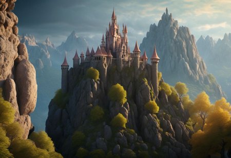 8K,  fairy tale castle in a (rock spire), mountain on background