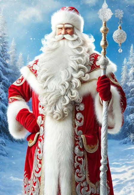 ((best quality)), ((masterpiece)), detailed soft oil painting, detailed background, soft edge lighting, professional, ultra quality, 4k,(masteriece, best quality, 8k, ultra highres, highres:1.4), extremely detailed, 
((a strong man of 60 years old with a long snow-white beard in the image of Russian, slavic Ded Moroz)) 
(standing:2) (full body photo:2) in the snowy forest, 
stands in a snowy forest among snow-covered fir trees, 
in a white fur coat trimmed with swan down or sable fur, embroidered with traditional Russian ornaments in silver - stars, crosses, geese, drawing in the style of oil painting, medium brush strokes, khokhloma style, slavic style, 
On the head is a traditional white warm boyar hat in the shape of a semi-oval, decorated with traditional Russian silver and pearl embroidery, trimmed with swan's down.
on her hands are huge white three-fingered mittens, decorated with traditional Russian silver embroidery.
The fur coat is tied with a white sash, embroidered with traditional Russian patterns.
On his feet are exclusively white felt boots embroidered with silver.
(((With his right hand he holds a long magical crystal staff with a twisted handle. The staff is decorated with a moon and a bull's head))). 
looks at the viewer, cheerful calm kind look, kind smile, cheeks red from frost, 
winter, a bright sunny frosty day, fluffy Christmas trees in snow, snow sparkles under the rays of the sun,
 by Viktor Vasnetsov, by Vasily Surikov