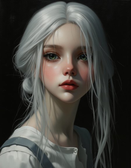 CiriW. An ultra-detailed, close-up portrait oil painting of young Ciri, the ashen child of destiny, with her distinctive white hair cascading over her shoulders. Her piercing green eyes are a window to her formidable power. She is small and appears to be around 12 years old, with long, flowing white hair, wearing a fitted, medieval-style outfit consisting of a white blouse. Ciri captured with a strong chiaroscuro lighting effect. The composition highlights the striking contrast between light and shadow, with half of her face dramatically illuminated and the other half submerged in deep, velvety darkness. Her fair skin appears flawless and porcelain-like, exuding a soft glow where it catches the light. Her single visible eye is a vivid, emerald green, intensely focused and reflecting the ambient light, framed by naturally arched eyebrows and subtle eyeshadow that adds depth without overpowering the natural shape of her eye. The lips appear slightly parted, hinting at a confident, yet enigmatic expression. The gloss on her lips catches the light perfectly, emphasizing their fullness and texture. The lighting carefully carves out the contours of her nose and cheekbone, lending a sculpted, almost cinematic quality to her face. The background is pitch black, enhancing the drama and making her illuminated features stand out starkly against the darkness. The shadow line across her face is sharp and precise, adding to the mysterious allure. The entire scene should evoke an air of sophistication, intrigue, and timeless elegance, reminiscent of classic film noir photography. Every detail, from the slight shimmer of her makeup to the subtle tension in her facial expression, should be meticulously crafted to convey depth and emotion.
Her gryphon medallion, a symbol of her witcher lineage, rests against her chest. This close-up aims to capture the essence of Ciri, highlighting the blend of strength, vulnerability, and determination that defines her character.
Masterful oil painting, oil on canvas, Focus on the girl, shadow and light, Masterpiece, intricate lines, intriguing atmosphere, sharp magnificent details, delicate features, elaborate details, (2\3 rule composition:0.5), ultra detailed, romantic, Rembrandt lighting, brush stroke, lovely, novuschroma, in the style of Rembrandt. vantablack <lora:style_of_Rembrandt_FLUX_135:.6> <lora:- Flux1 - vanta_black_V2.0:.3> <lora:neeeg_f1:-1> <lora:113_novuschromaFLX_1:.4> <lora:Midjourney_Whisper_Minimal:.3> <lora:FluxCiriWV1:1>