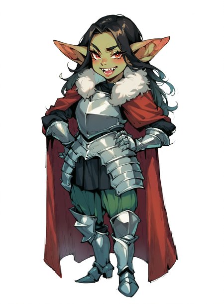score_9, score_8_up, score_7_up, score_6_up, score_5_up, score_4_up, goblin girl,  ((green skin)), beauty mars, unusual teeth, hand on hip, milf, simple background, beautiful, solo, standing, shortstack, long hair, black hair, armored boots, boots, plate armor, red cape, greaves, fur trim, 5 fingers ,  <lora:Knight Armor:1>