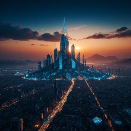 a colossal cybernetic leviathan covered in living tattoos that shift and morph like programming languages, slithering through the sky between highrises, its skin glowing with bioelectric pulse patterns, thunderclouds respond to its motion, shadowed glass buildings reflect its form, deep blue storm lighting, CyberpunkWorld