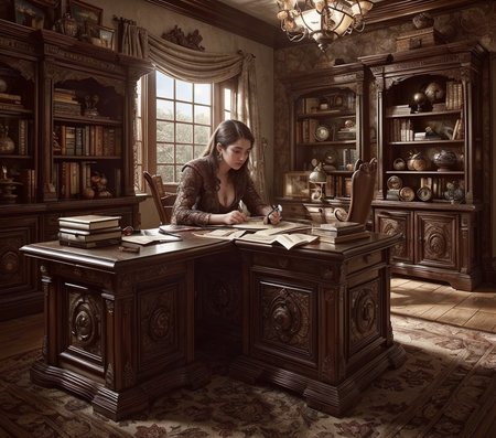 RAW photo, (masterpiece:1.3), subsurface scattering, heavy shadow, (high quality:1.4), (intricate, high detail:1.2), professional photography, HDR, High Dynamic Range, realistic, ultra realistic, photorealistic, high resolution, film photography, ambient lighting, atmospheric effects, <lora:detail_slider_v4:2>, OverallDetail, a scholar in an office, desk, books, shelves, FanStu, <lora:FantasyStudy-10:0.7>, epiCPhoto