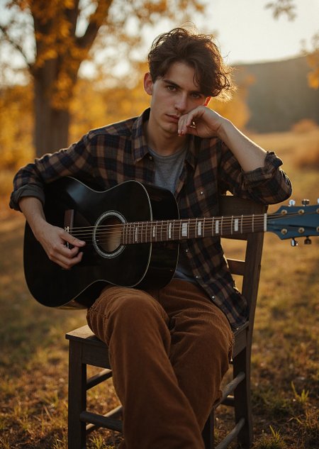 This photograph captures a young individual man sitting on a wooden chair in a rustic outdoor setting, surrounded by autumnal foliage. The subject, adorned in a plaid shirt and brown corduroy pants, rests their elbow on the back of the chair while cradling a black acoustic guitar. The scene is bathed in warm, golden light, suggestive of a late afternoon or early evening setting.

The photographer has employed a low-angle perspective, capturing the subject from below, which lends a sense of intimacy and vulnerability to the image. The warm light, likely a result of natural illumination, accentuates the textures of the subject's clothing and the wooden chair, imbuing the scene with a sense of coziness.

The image is shot in a serene, natural environment, free from any overtly suggestive or explicit content, making it suitable for all audiences. The overall mood of the photograph is contemplative and introspective, inviting the viewer to pause and appreciate the quiet beauty of the autumnal landscape.