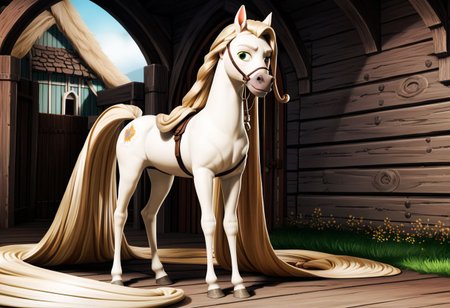 Score_9,  score_8_up,  score_7_up,  original style, 3d disney anime, Maximus the white horse, solo, (A full body image of a horse with endlessly long white Rapunzel-Style hair), (absurdly long white Rapunzel-Style hair:1.4), (meters of hair without end:1.2)