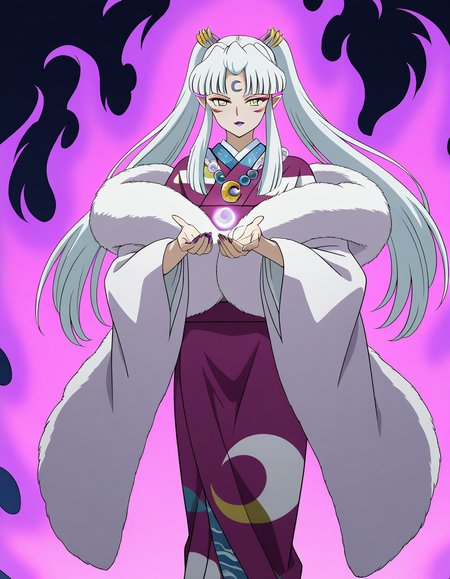 general,highres, ultra-detailed,very aesthetic,best quality ,best hands,  BREAK  <lora:Sesshomaru_no_Haha_IS:1>
Sesshomaru_no_Haha,pointy ears, japanese clothes, 1girl,solo, facial mark, kimono, white hair, long hair, 
yellow eyes, makeup, lipstick, forehead mark, crescent, necklace, fur, jewelry, purple lips, ponytail, twintails, fur trim, anime coloring, hair ornament, wide sleeves,
full body, aura, aura effect, cowboy_Shot,