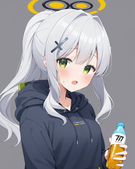 hare \(blue archive\),1girl, solo, ponytail, black_hoodie, simple_background, holding, open_mouth, grey_background, blush, cross_hair_ornament, hood_down, sweatdrop, upper_body, x_hair_ornament, bottle
<lora:hare_(blue_archive)_image423_2023-11-26:1>halo. gorgeous,key visual, vibrant, studio anime,award-winning, professional, highly detailed,high budget, cinemascope
