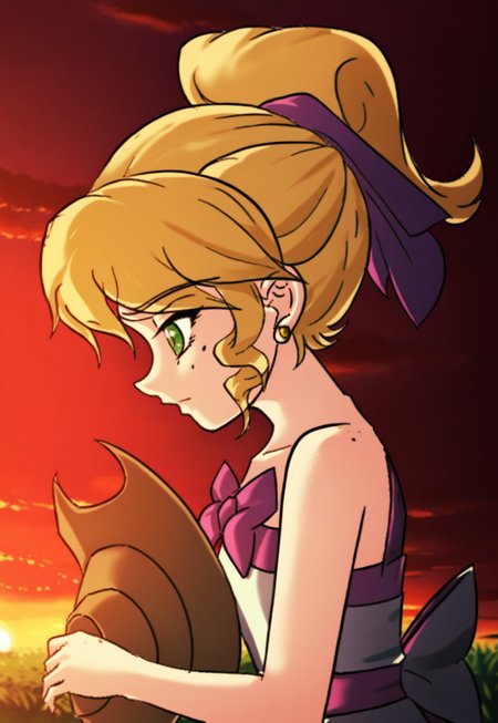 score_9, score_8, score_7, source_anime, princessapplejack, mole, white dress, sunset, hat, jewelry, earrings, hair bow