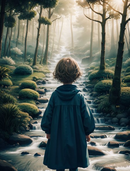young (child:1.3),(dramatic lighting:1.1), HairDetail, long hair, from above, lush forest,god rays, sun shining between the trees,beautiful illustration,4k,high resolution,trending on pixiv,intricate,highly detailed ,  <lora:misty of forest:0.6>