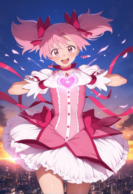 masterpiece,best quality,amazing quality,

a powerful magical girl in a radiant pink and white frilly outfit, transforming for Valentine's Day with explosive heart-shaped magical energy and dazzling glowing sparkles, determined and confident expression, intricately detailed magical girl outfit with flowing ribbons and delicate lace,  a breathtaking city skyline in the background bathed in golden sunset light, dramatic and dynamic lighting,  inspired by classic magical girl anime,  epic Valentine's Day magical transformation, 