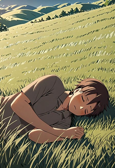 high resolution, solo, best quality, 1Boy, Takaki Toono, Brownish Hair, Brown Eyes, sleep, nap, grass, meadow hills, wind breeze, OverallDetail