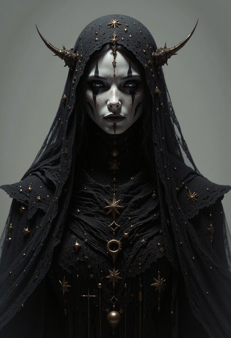 A mysterious female figure with pale white skin and no visible eyebrows. Her eyes are hidden behind a black lace veil adorned with gold stars of varying sizes. Her long, wavy black hair frames her face and falls down her shoulders. Her lips are full, painted a soft matte white. She is dressed in a layered, intricately detailed black gown decorated with tiny golden stars and delicate chains. The image captures her from the front, focusing on the upper half of her body. The lighting is soft, creating a mystical and somber atmosphere. The background is a smooth, grayish gradient with no distinct elements, giving the image a minimalistic and surreal feel.    <lora:dark_fantasy_flux:0.83> <lora:FredFraiStyle-FLUX-Share:0.63> <lora:sxz-Dark-Fantasy-v2-Flux:0.33> drkfnts style,<lora:flux.1_lora_flyway_Epic-Characters_v1:0.43>