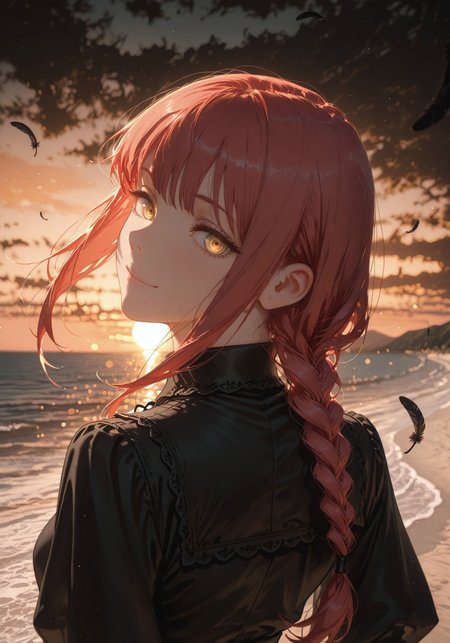 ((face focus,closed up,smile, looking at viewer:1.5))

((1 girl,Makima, ringed eyes,  red hair, braided ponytail, bangs, yellow eyes, sidelocks, medium hair, long hair,glowing eyes,))

(black funeral dress,:1.5),((floating feathers))

(Beach:1.5),(sunset,orange sky,golden hue:1.5)

((negative space:1.1)),((dynamic angle:1.5)),((foreshortening:1.5)),((extreme perspective:1.4)),(dynamic pose:1.5)),(bokeh around character:1.2)

artist:moriimee,Smooth_Quality,amazing quality, ((aesthetic:1.3)),((4k,8k,Ultra HD)),((Masterpiece :1.2)),((Best quality :1.2)),((Detailed :1.5)),((Detailed background :1.5))