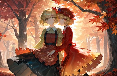 2girls , aki_minoriko, aki_shizuha ,highres ,apron, blonde_hair ,dress ,grape_hat_ornament ,hat, multiple_girls ,red_apron ,red_dress ,red_hat ,short_hair ,smile ,leaf ,maple_leaf , outdoors  ,tree,
rella, rolua, quasarcake:0.8,negative space,  very awa, looking at viewer,
masterpiece, best quality, Good quality, very aesthetic, absurdres, newest, (Perfect details),
<lora:ponyv5_noobE11_1_adamW:0.7>, <lora:illustrious_noobai_epsilon_pred_1_best_quality_v1:0.7>, <lora:illustrious_noobai_epsilon_pred_1_masterpieces_v1:0.7> ,<lora:illustrious_noobai_epsilon_pred_11_very_aesthetic_v1:0.7>,
