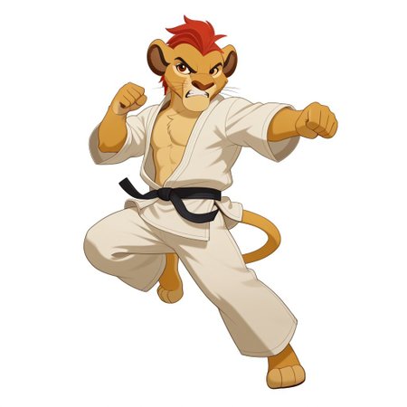 1 male, solo, Kion, anthro lion, light blush,  genshinsplash, white background, splash art, angry, karate gi, genshin impact dendro vision, full body, fist, kick jump, full body, BREAK, high quality, best quality, newest, furry male, side view , looking at viewer