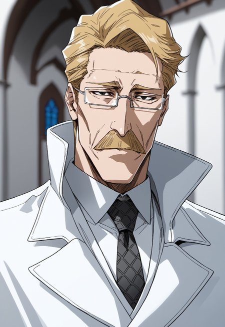 safe_pos, safe_pos, safe_pos, safe_pos, score_9, score_8_up, rating_nsfw, ultra hd, absurdres, best quality, best aesthetic, masculine, solo, 1boy, male focus, perfect proportions, handsome, erotic, alluring, mature male, coloured

BleachRobert, blonde hair, mustache, glasses, necktie, coat, blurry church background, Expressiveh, tired look, open eyes, black eyes, bleach art style, looking at viewer