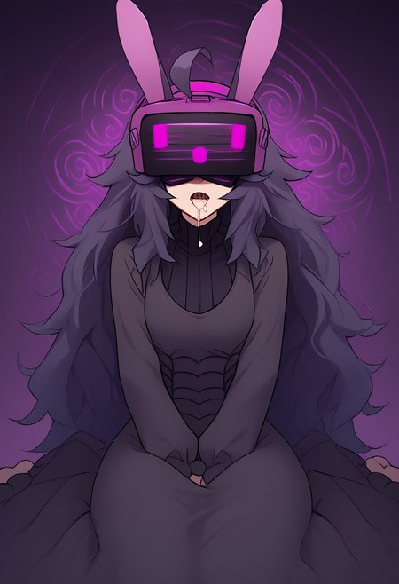 high quality, good quality, perfect quality, amazing quality, high res, masterpiece, score_9, score_8_up, score_7_up, source_anime, best quality, hex maniac, hairband, messy hair, purple hair, purple hairband, black dress, dress, long dress, long sleeves, juliet sleeves, zkovisor, hypnotic visor, helmet, rabbit ears, :), mind control, hypnosis, saliva, drooling, spiral, eyes covered