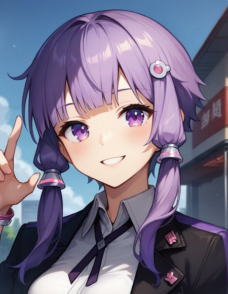 score_9,score_8_up,score_7_up,score_6_up BREAK official art,solo,outdoors,smile,upper body,(portrait:2),cheek-to-cheek,looking at viewer,facing viewer,Yuzuki Yukari,short hair,purple hair,short hair with long locks,hair tubes,hair ornament,hair ribbon,sidelocks,blunt bangs,purple eyes,black jacket,open jacket,white shirt,collared shirt,medium breasts,long sleeves,bracelet,purple belt,black shorts,short shorts,zettai ryouiki,black thighhighs,cross-laced footwear,high heel boots,black footwear,<lora:Yuzuki Yukari(voi)-Pony-000015:1.8>,<lora:Smooth Anime Style LoRA XL:0.8>,