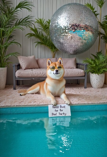 photorealistic, Shiba Inu, Doge with  visually striking color outside, near a fancy pool, with a sign that clearly states "Need Buzz for Pool Party"