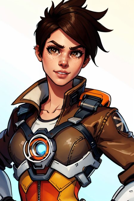 masterpiece,best quality,extreme detail,8k,image sharpness,<lora:Tracer-10:0.8>,Tracer2,1girl,solo,looking at viewer,smile,short hair,bangs,brown hair,brown eyes,jacket,upper body,parted lips,artist name,blurry,lips,bodysuit,piercing,spiked hair,ear piercing,freckles,brown jacket,nose,leather,harness,leather jacket,chest harness,bomber jacket,orange goggles,upper body,