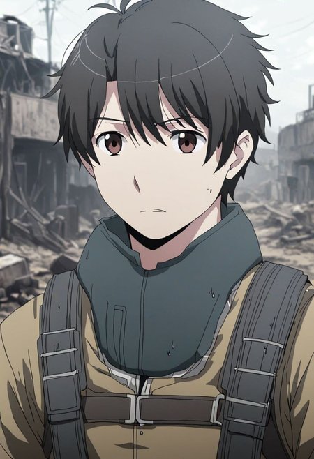 high resolution, solo, best quality, 1Boy, Inaho Kaizuka, Black Hair, Brown Eyes, shallow depth of field, Post-Apocalyptic, survival, OverallDetail