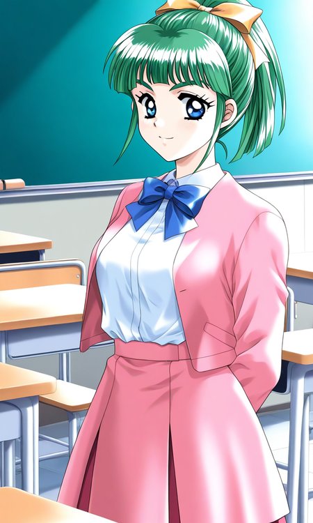 general,highres, ultra-detailed,very aesthetic,best quality ,best hands, BREAK <lora:Iijima_Miyuki_kakyuusei_Ver2.0_IS:1>
Iijima_Miyuki(kakyuusei), 1girl, solo, green hair, high ponytail,, bangs, short hair, blue eyes, hair ribbon,Yellow ribbon, breasts, 
classroom, indoors, pink jacket, 
chalkboard, looking at viewer, shirt, school uniform, jacket, blue bow, shirt tucked in, desk, 
bowtie, school desk, long sleeves, smile, pink skirt,