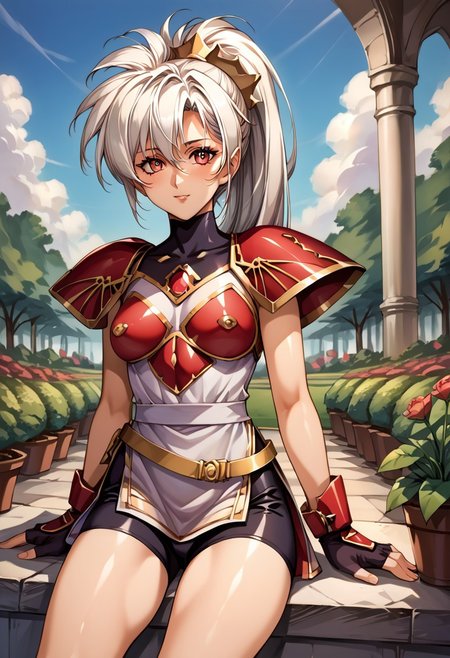 (score_9,score_8_up,score_7_up,source_anime,(masterpiece:1.2),best quality,very aesthetic,public indecency,absurdres),masterpiece,best quality,very aesthetic,fantasy,absurdres,1girl,solo, <lora:luna_p_v1.2:1>,Luna,white hair,ponytail,<lora:Fixhands_anime_bdsqlsz_V1:1>
shirt, short sleeves, bodysuit, black bodysuit, shorts, gloves, bodysuit under clothes, collared shirt (outdoors, garden, sitting, arms support), 
masterpiece,best quality, very aesthetic, absurdres, ultra detailed, high resolution, 4k, extremely detailed CG,