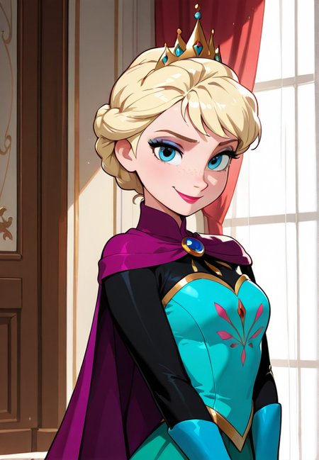 masterpiece, best quality, amazing quality, very aesthetic, absurdres,  newest, detailed background, upper body,indoors, curtains, palace
elelsadisney, solo, looking at viewer, short hair, blue eyes, blonde hair, gloves, upper body, braid, purple cape, lips, makeup, lipstick, brooch, eyeshadow, freckles, blue gloves, elbow gloves, long sleeves, crown, green skirt, smile, 1girl
 <lora:Elsa_-_Disney_Illustrious-000006:1>