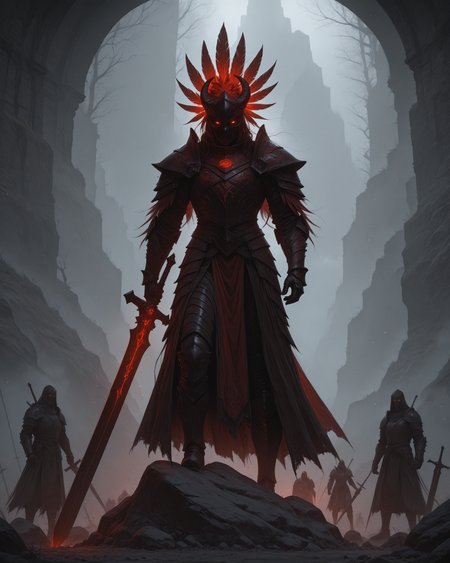 intricate futuristic gothic armor, steam comes out from the armor, red glowing eyes, standing on a rock, dynamic motion, holding a fantasy great sword, red feather on head, covered by mist, fog, fighting, beams of lights comes out from the armor, Surrounded by demons trying to catch, 