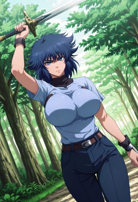 general,highres, ultra-detailed,very aesthetic,best quality ,best hands,best eyes,easynegative,
dynamic anglre, dutch angle, game cg,
1girl solo,looking at viewer,forest,holding a sword,
Kai Harn,blue hair,short hair,blue eyes,huge breasts,shirt,pants,sword,