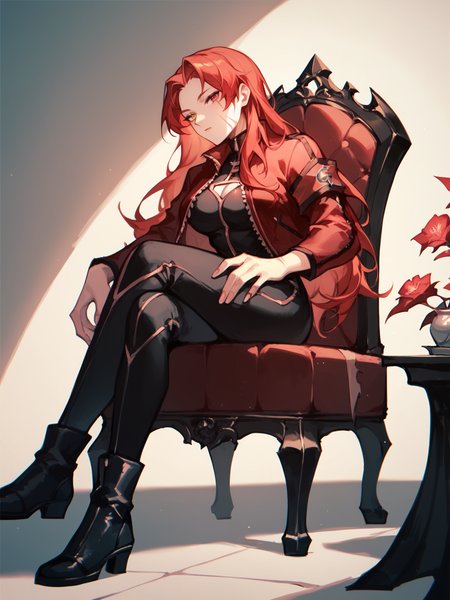 score_9, score_8_up, score_7_up, Gebura, 1woman, solo, red long hair, scars on face, heterochromia, black jumpsuit, shor red jacket, black boots, steps on chair, night room background  <lora:Gebura:1>