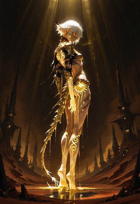 scifi, fantasy, masterpiece, best quality, volumetric lighting, dark desert background, embodying the corruption of the Sands of Time. His skin is dark and ashen, with glowing golden veins that resemble molten cracks, symbolizing the Sands coursing through him. His wild, unkempt hair mirrors his untamed, aggressive nature, while his glowing eyes golden—radiate rage and sinister power, making him appear almost demonic.
His attire is torn and minimal, revealing his corrupted form, while remnants of his armor hint at his former self. The golden Daggertail, fused to his arm, coils like a serpent and acts as both a weapon and a reminder of his curse. Every aspect of his appearance exudes pain, reflecting the Prince’s inner struggle against his darker instincts. The Dark Prince is a haunting and unforgettable manifestation of the protagonist’s inner turmoil.