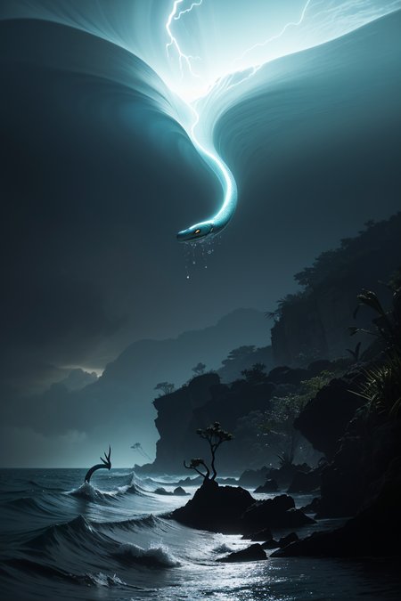 <lora:Calligraphy-ink-style-darquelilly-v1:0.7> calligraphyinkstyle, volumetric lighting, mysterious magical atmosphere, masterpiece, award winning picture, an Asian dragonsnake swimming in the water, merged with the waves of the ocean, a storm is coming, raindrops patter on the water, night, asian dragonsnake made of water  <lora:ral-watce-sd15:0-7> watce,  <lora:more_details:0.8>