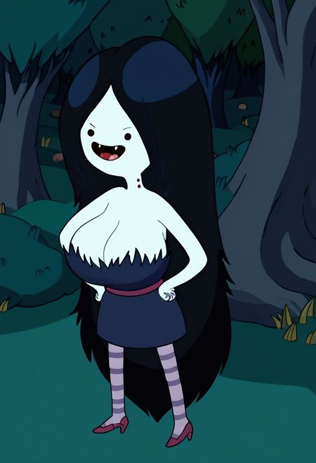 marceline, 1girl, fangs, long hair, black hair, dress, striped shirt, very long hair, striped pantyhose, solo, black eyes, bite mark, solid circle eyes, open mouth, high heels, smile, tree, grey skin, forest, vampire, gigantic breast, spiling cleavage,chibi body, young very thin, tiny body, cutie, small body, younger, short young body, thin legs, thin hips, thin thighs, thin arms,  standing,hands on hips, pantyhose,outdoors, night, night sky,  <lora:MarcelinePony1.1:1>, score_9, score_8_up, score_7_up, score_6_up, score_5_up, score_4_up, looking at viewer, cowboy shot,tree, forest,