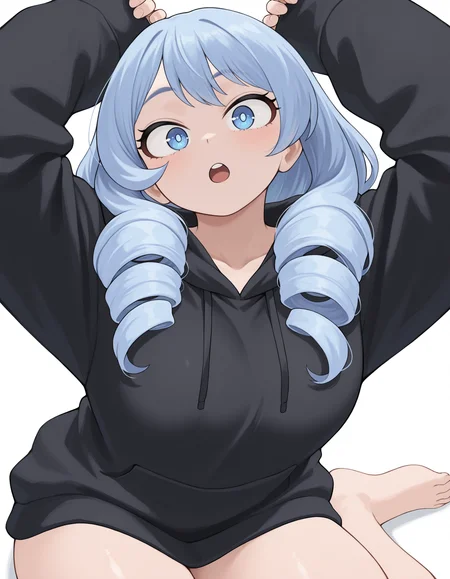 <lora:Hado Nejire Illu:1>
nejir3, 1girl, blue eyes, blue hair, :o, hood down, black hoodie, white background, simple background, looking at viewer, open mouth, alternate costume, arms up, upper teeth only, thighs, long sleeves, sleeves past wrists, cowboy shot, no pants, breasts, naked hoodie, oversized clothes, blush, drill hair, bright pupils, sitting, thighs,  barefoot, head tilt,, masterpiece, best quality, amazing quality