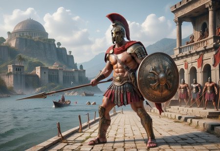 score_9, score_8_up, score_8, male spartan warrior, hyper-realistic, bronze armor, Corinthian helmet, red horsehair crest, muscular physique, large round shield, ancient Greek symbols, battle scars, long spear, poised for thrust, rugged mountainous terrain, dusty battlefield, intense focus, unyielding determination, earthy tones, bronze, brown, historical authenticity <lora:SpartanArmor:0.5> Spartan armor, Spartan helmet, red cloak, <lora:Spartan_Spear_and_Shield:0.75>, spear warrior, background ancient Greek mountain coastline with a view of the Greek Aegean Sea with boats and Greek islands, <lora:add-detail-xl:0.75>, <lora:blood bath-GMR:0.35> Blood Bath,  <lora:d\EnvyActionShotXL01:0.65> action shot