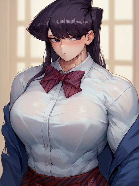 Score_9, score_8_up, score_7_up, score_6_up, classroom  backdrop, upper body,  cowboy shot, source_anime, komi shouko,  muscular female, school uniform, tight white shirt, long sleeves, bowtie, , huge biceps,  <lora:Style_g29:1.5>, embarrassed, looking away, blushing,