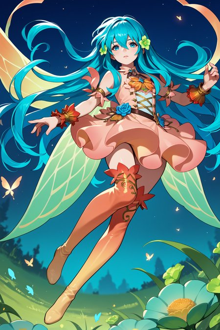 score_9, score_8_up, score_7_up, score_6_up, source_anime, 1girl, solo  <lora:resplendenteirika-pdxl-nvwls-v1-000005:1> rsEir, cyan hair, long hair, hair between eyes, hair flower, green flower, pink dress, gradient clothes, insect wings, bracelet, gradient thighhighs, full body, floating, midair, night sky, from below, looking at you