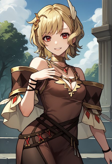 score_9, score_8_up, score_7_up, source_anime, 1girl, cowboy shot, looking at you, hand on own chest, smile, BREAK<lora:CitrinneFE-pdxl:1> defCitrinne, short hair, wing hair ornament, hoop earrings, gold choker, necklace, bracelet, cleavage, brown dress, long dress, detached sleeves, capelet, belt, pantyhose, outdoors, sky, cloud