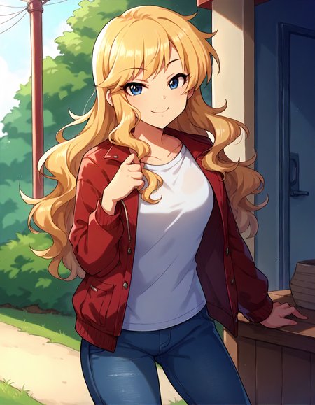 score_9,score_8_up,score_7_up,1girl,solo,cowboy shot,looking at viewer,smile,closed mouth,outdoors,
<lora:ootsukiyui_ponyXLV6:0.8>,cgotky,
blonde hair,long hair,blue eyes,
red jacket,T-shirt,denim
