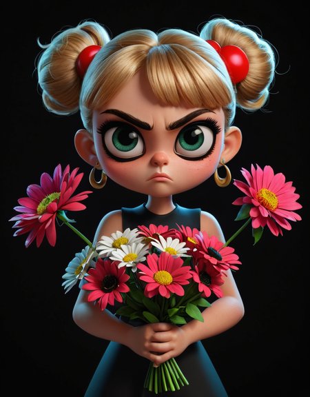 Cartoon style of the powerpuff girls, girl with a bouquet of flowers, angry face, black background, high contrast, hyper-realistic